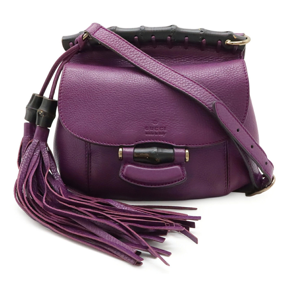 Gucci Bamboo Shoulder Bag Fringe Tassel Leather Purple